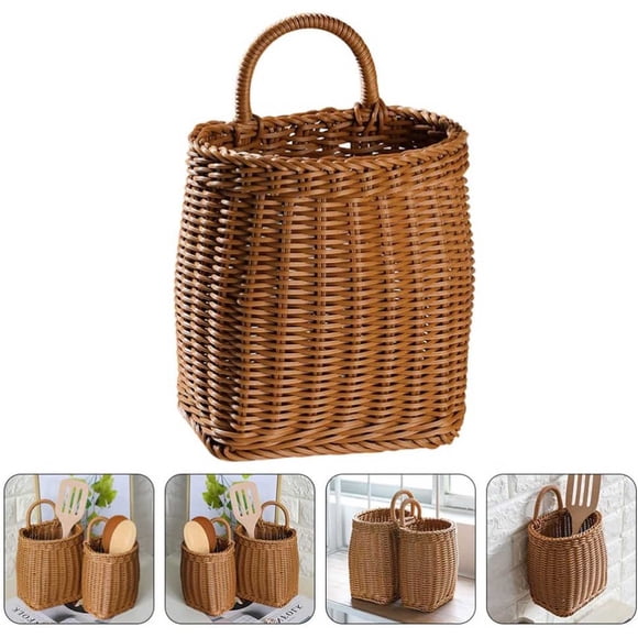Meitianfacai Wall Mounted Storage Basket, Small Kitchen Hanging Basket, Hanging Storage Basket, Imitation Rattan Woven Basket With Handle, Woven Storage Basket(B(L))