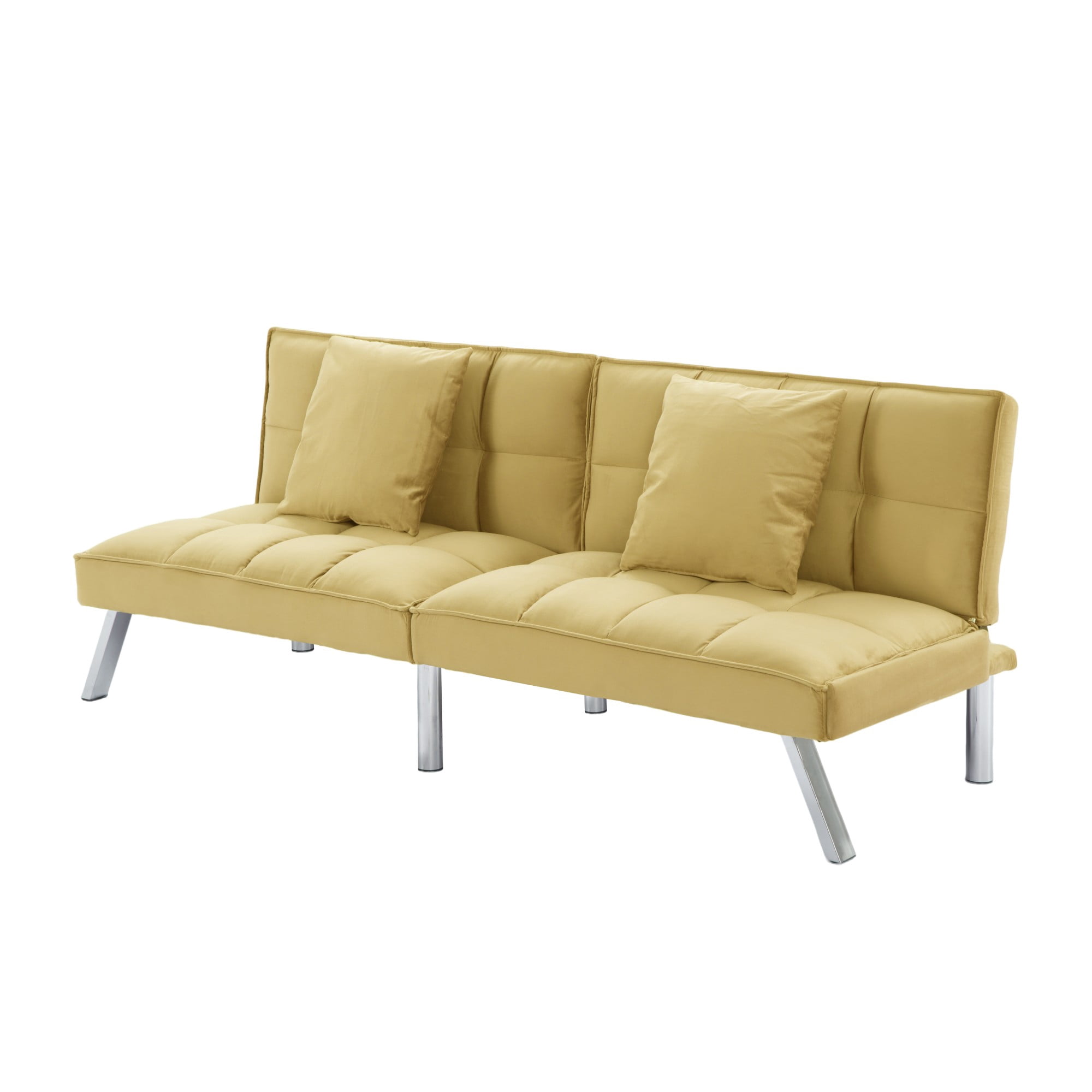 Gewnee Olive Green 67.7” Velvet Futon Sofa Bed, Modern Love Seat with Adjustable Backrest, 2 Throw Pillows, Suitable for Home, Office & Guest Room