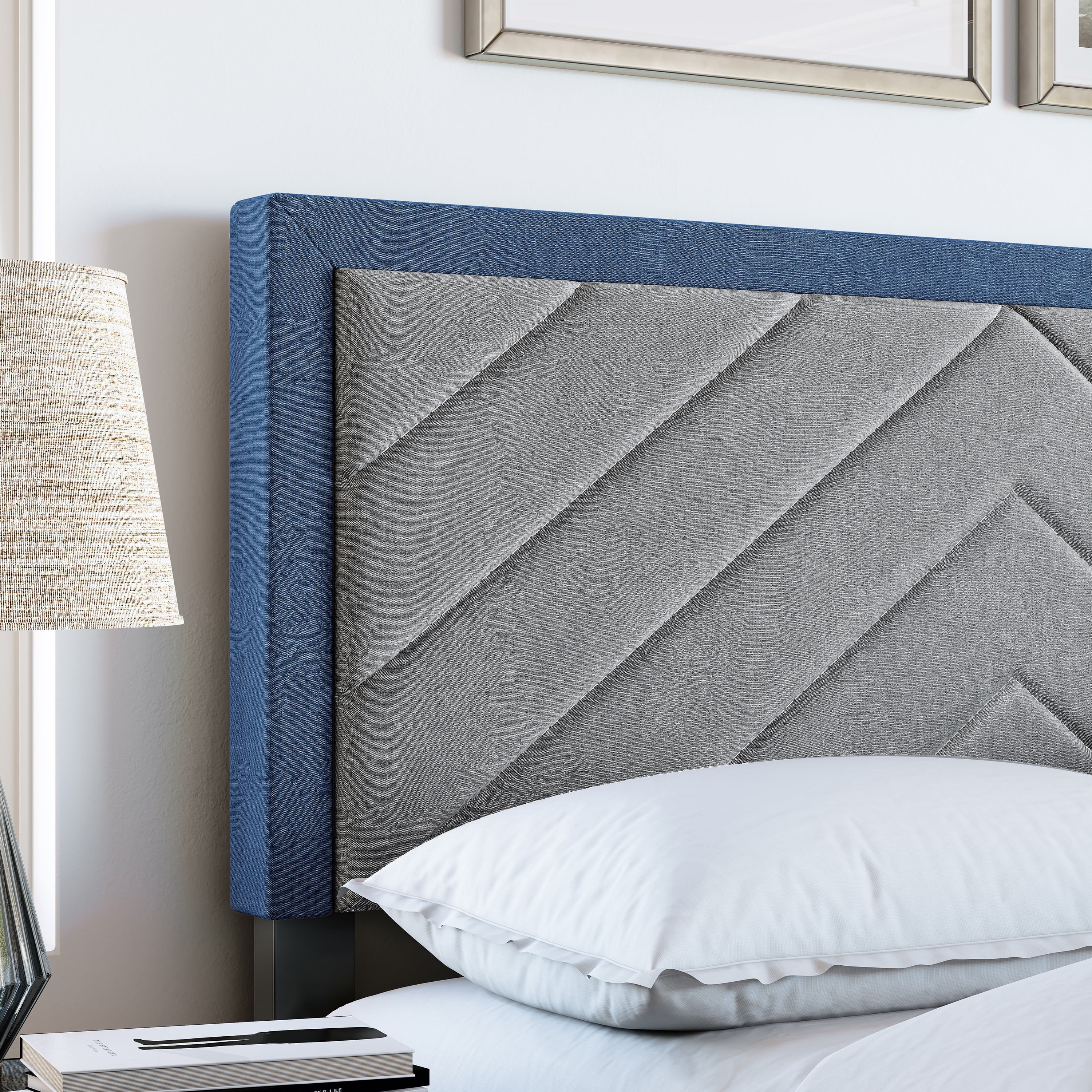 Boyd Sleep Barcelona Blue/Gray Linen King Size Fully Upholstered Platform Bed Frame with Adjustable Headboard