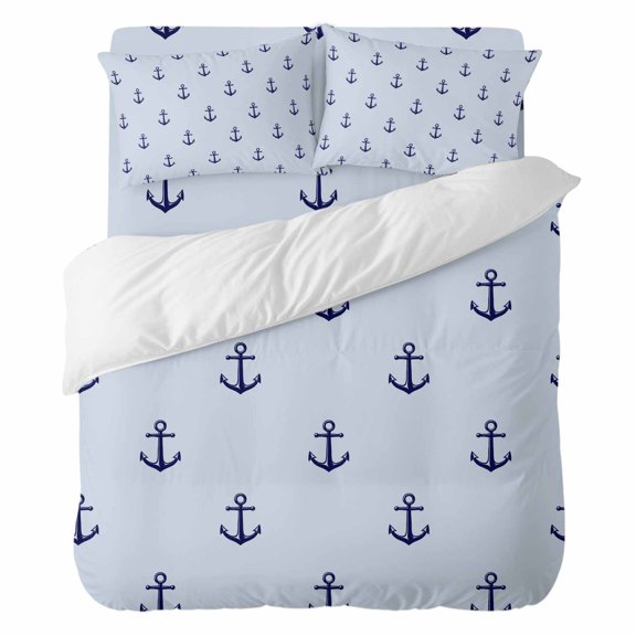 Duvet Cover Set California king 4 Pieces, Nautical Coastal Anchor Seamless Comforter Cover Soft Bedding Sets, Minimalist Blue Background Bed Set Include 1 Duvet Cover, 2 Pillow Shams, 1 Bed Sheet