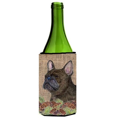 

French Bulldog On Faux Burlap With Pine Cones Wine bottle sleeve Hugger