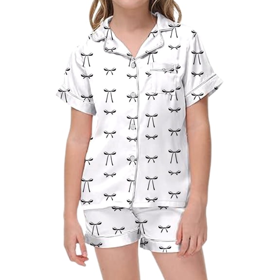 WOYY Toddler Girls Outfits Sleepwear Set Cute Bow Short Sleeve Button Shirt Shorts Nightwear, Sizes 3-4T
