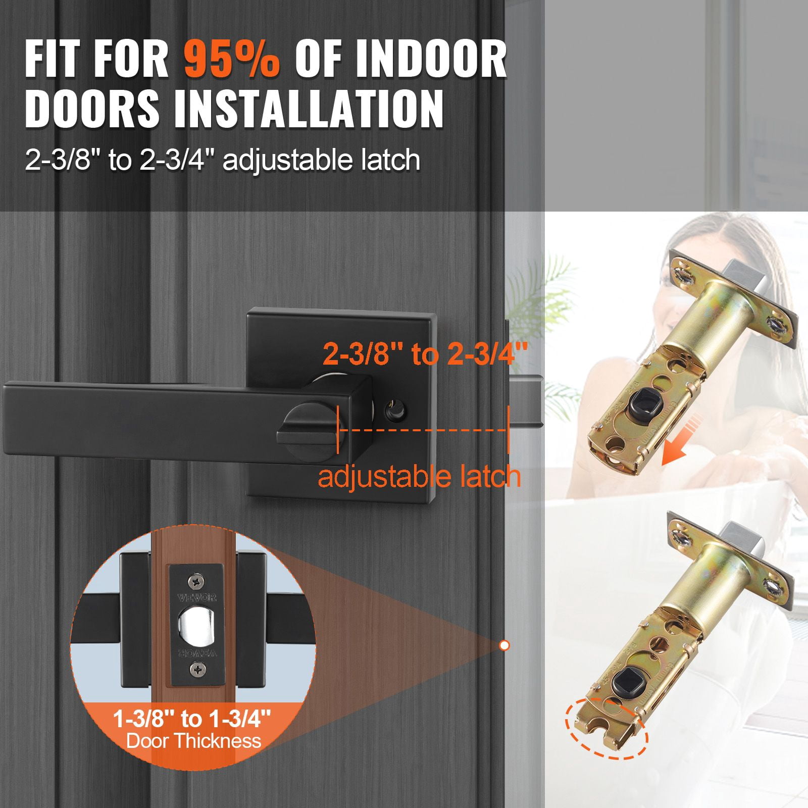 Privacy Door Handle, Universal Reversible Design, 45° Rotation Lever, 2-3/8" or 2-3/4" Adjustable Latch, Fits 1-3/8" to 1-3/4" Doors, Matte Black Finish