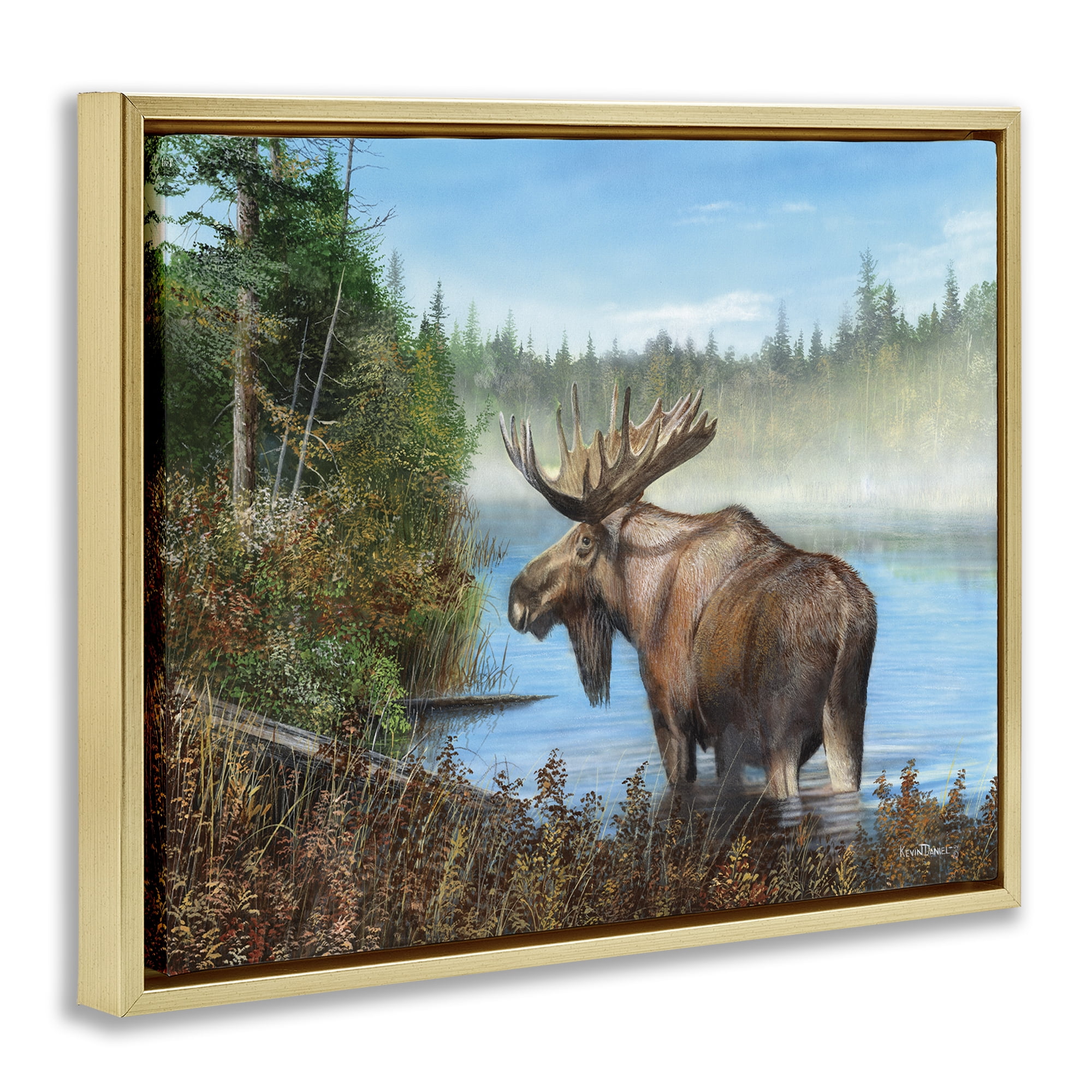 Stupell Industries Rustic Moose Wading in Shore Landscape & Nature Painting Gold Floater Framed Canvas Art Print Wall Art, 31 x 25