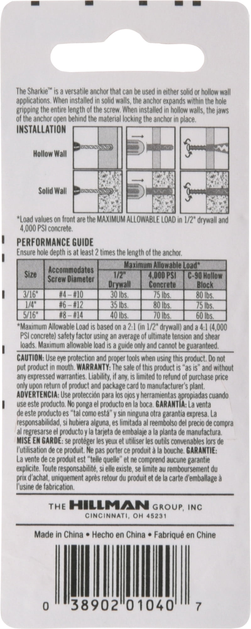 Hillman Sharkie Anchors and Screws, Nylon, 70 lbs(#8-14), 4 Sets