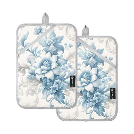 Pot Holders Set of 2 Heat Resistant 338℉ Kitchen Oven Gloves Potholder Cooking Baking Microwave Mitts Flower Blue