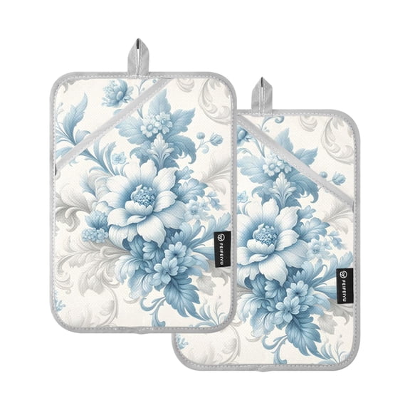 Pot Holders Set of 2 Heat Resistant 338℉ Kitchen Oven Gloves Potholder Cooking Baking Microwave Mitts Flower Blue