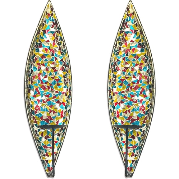 Bella Palacio” Glass Mosaic & Metal Wall Mounted Decorative Candle Holder Wall Sconce, Set of 2, Large Size 18 in. Light Weight Wall Decor (Retro Rainbow)