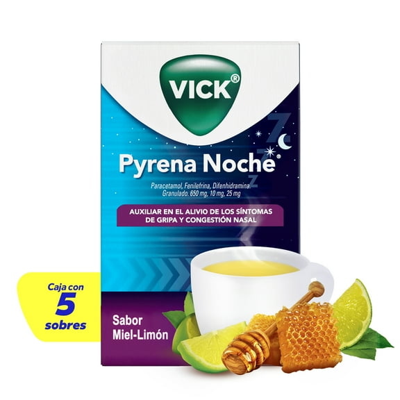 Vick Pyrena Noche Sobres Alivia los síntomas de la gripa y ayuda a dormir 5 sobres