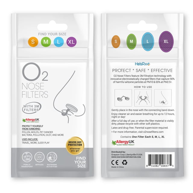 O2 Nose Filters - Nasal Dilators with 3M Filtration Media for Allergy Relief, Dust, Pollution - Trail Pack (Includes 1 S, M, L, XL)