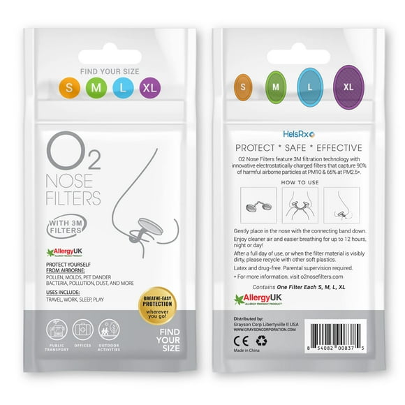 O2 Nose Filters - Nasal Dilators with 3M Filtration Media for Allergy Relief, Dust, Pollution - Trail Pack (Includes 1 S, M, L, XL)