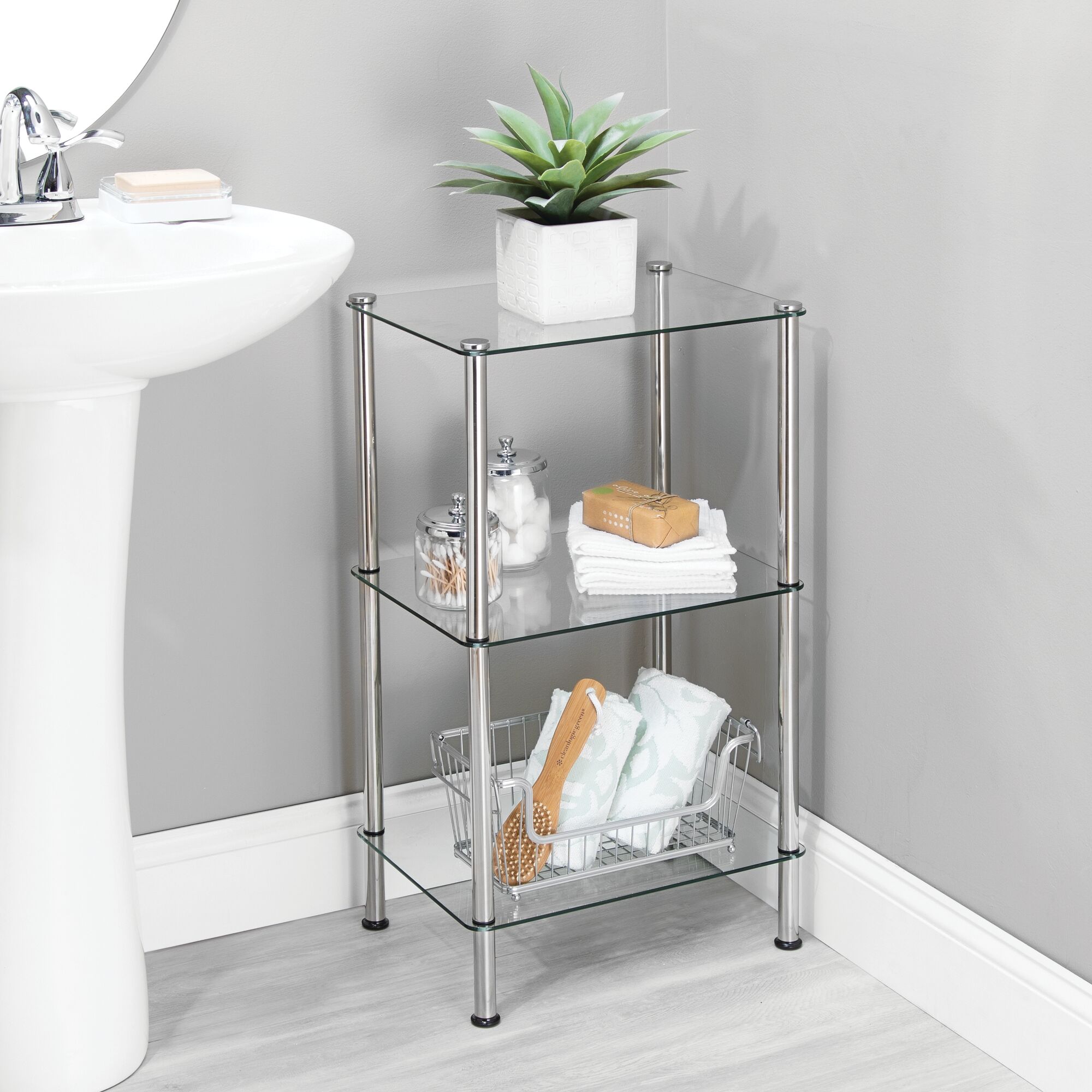 mDesign Metal/Glass 3-Tier Storage Tower with Open Glass Shelves  Chrome/Clear