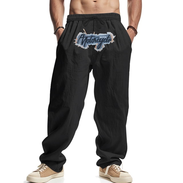 Pantalones largos para hombre, holgados, informales, de lino, de color liso, con bolsillo bordado, cordón ajustable y cintura elástica, de poliéster.