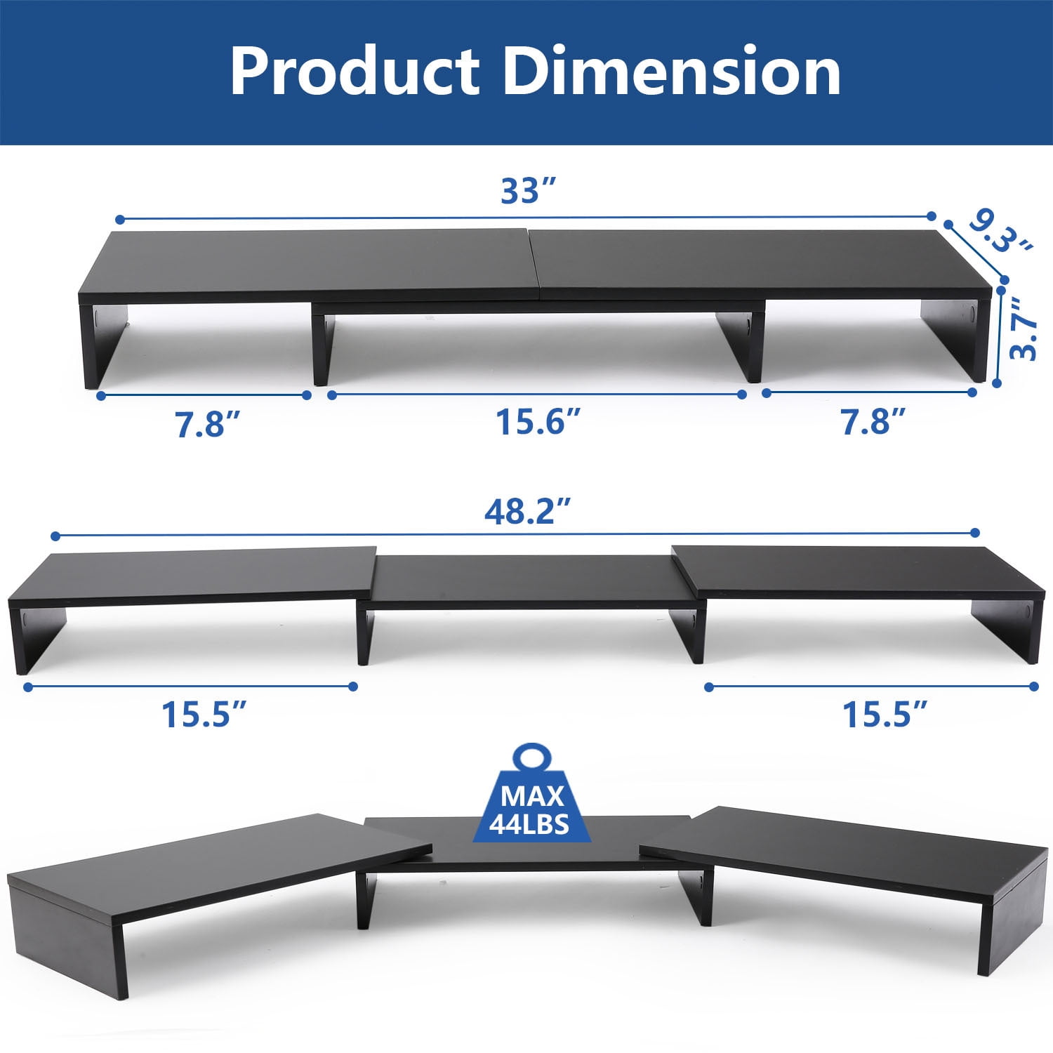 TAVR Furniture Dual Monitor Stand Riser Extra Long 43.3" Fit for 2 Monitors, Adjustable Length with Swivel Angle & 3 Shelves, Wood, Black