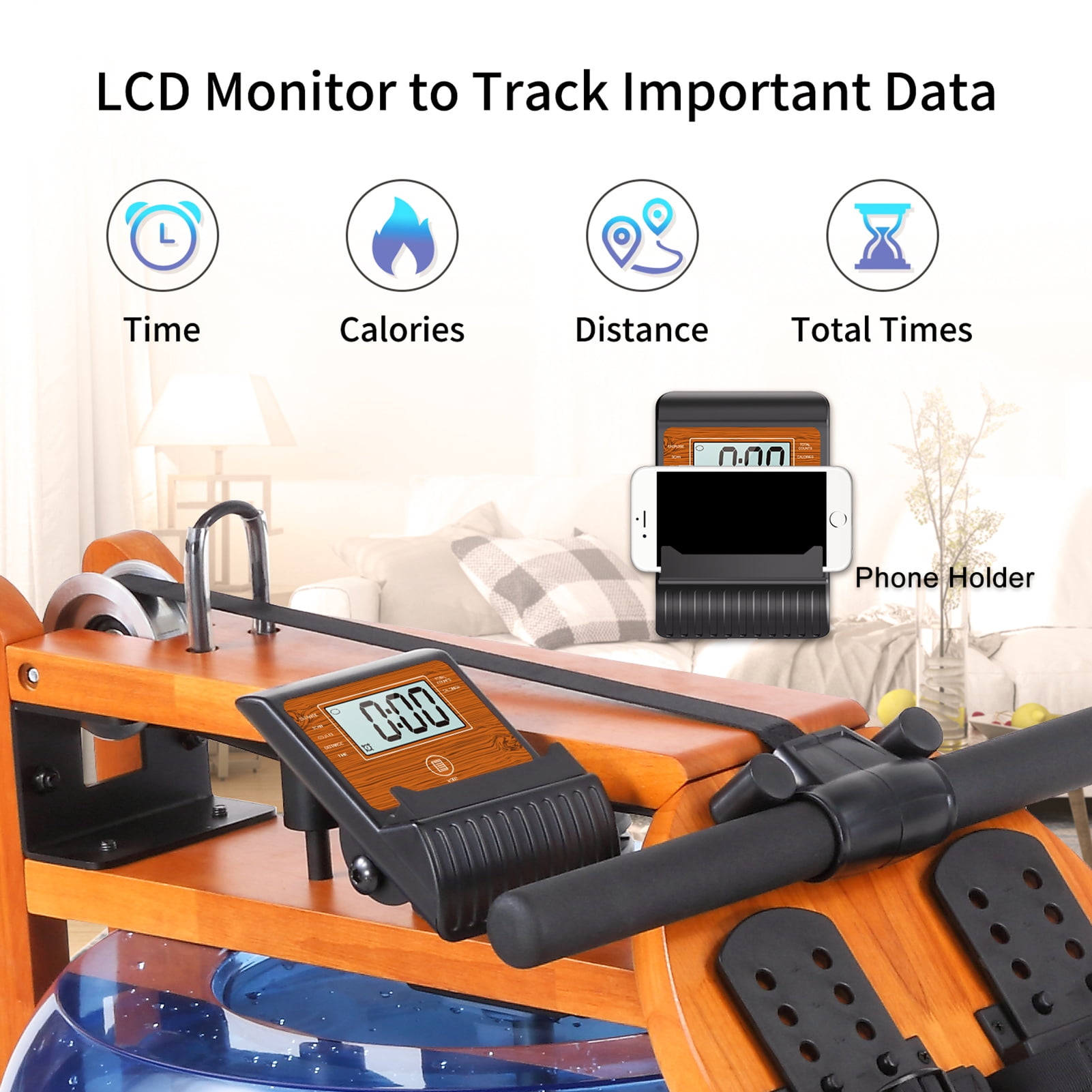 RUNOW Water Rowing Machine with LCD Monitor Wooden Water Rower 350 LB Wood Rowing Machine for Home Use