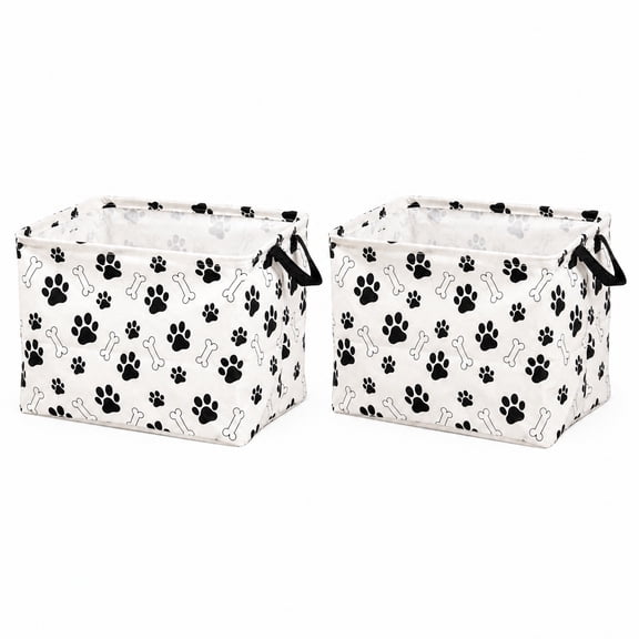 qiqianshu 2-Pack Fabric Storage Basket, White Paw Print Reinforced Organizer Bin with Handles for Pet Toys & Home Storage