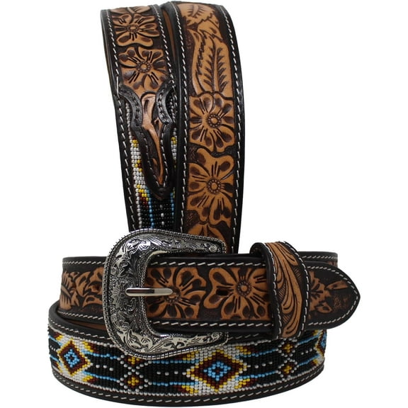 CHALLENGER 41-42 Unisex 1.5" Western Floral Tooled Beaded Full-Grain Leather Belt 26RT30