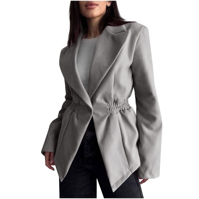 Long Jacket for Women, Pleated Waist Buttoned Loose Suit Jacket