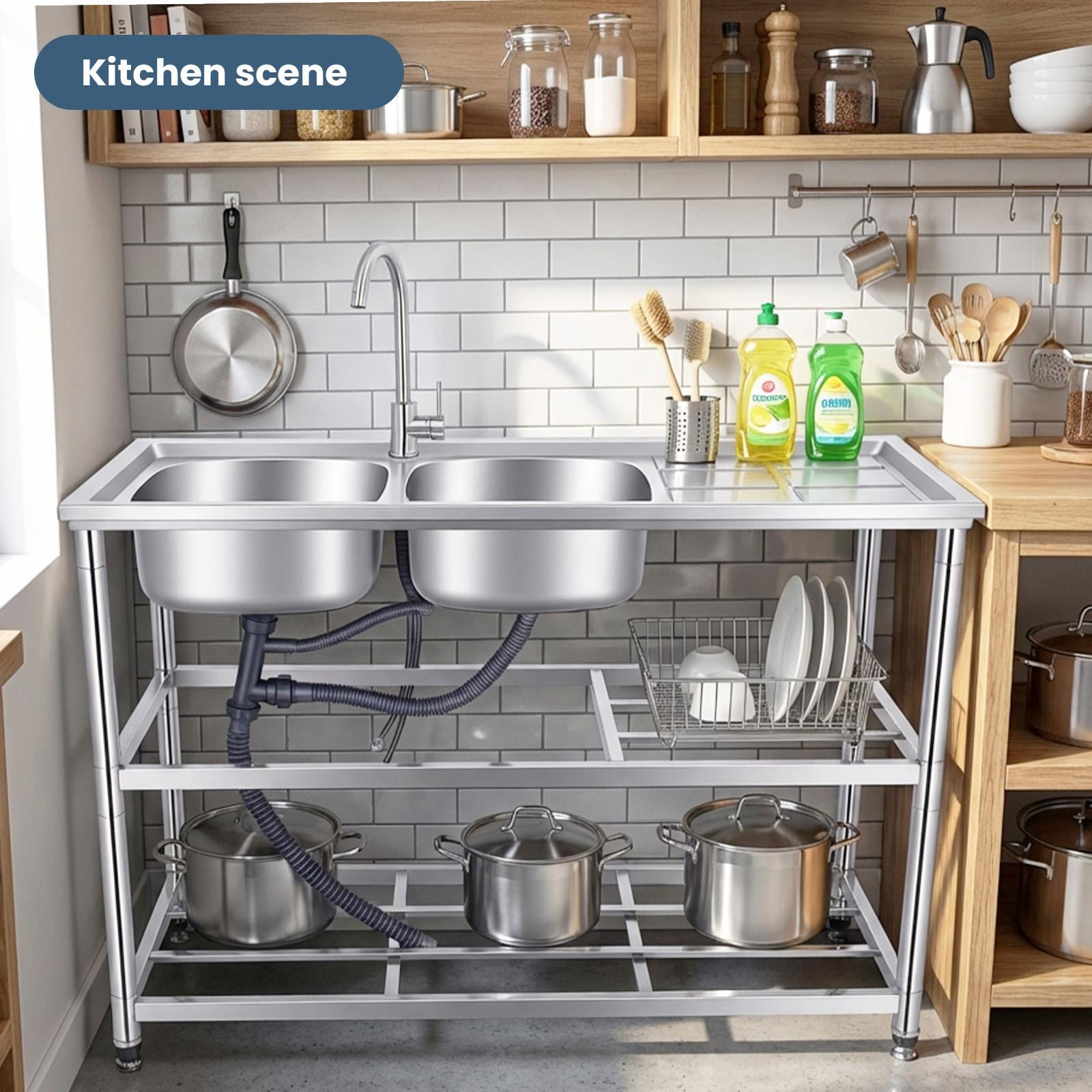 Heavy Duty Utility Sink with Hot & Cold Water Pipes, Commercial Sink, Stainless Steel Commercial Triple Bowl Basin for Supermarket & Food Storage Room