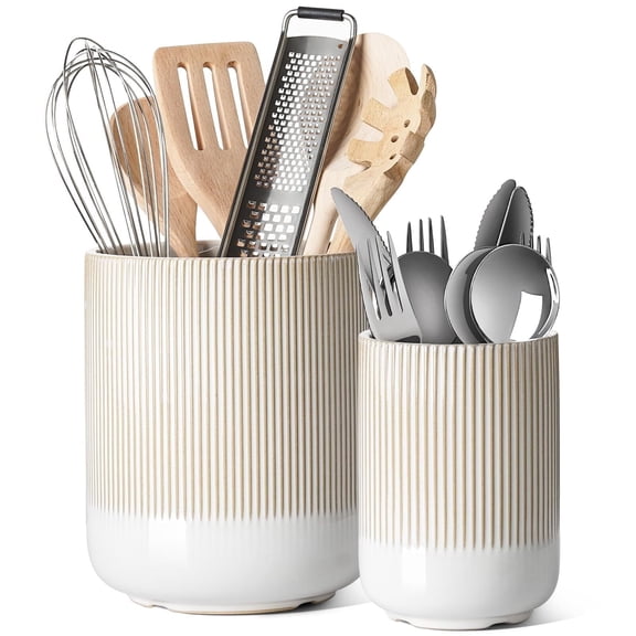LE TAUCI 7.3" 5.4" Ceramic Utensil Holders, 2-Pack Kitchen Utensil Crock for Countertop & Kitchen Counter, Reactive Glaze Arctic White