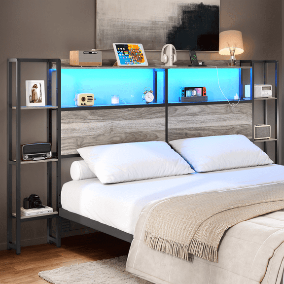 Storage Headboard with LED Lights & Charging Station, 55" Wide Open-Frame Headboard with Shelves, USB Ports & Power Outlets, Modern Wooden Headboard, Adjustable Bed Compatible, Grey,Queen