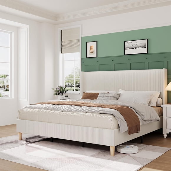 Eastvita Upholstered Queen-Size Bed Frame with Wingback Headboard Solid Wooden Slats/Noise-Free Frame/No Box Spring Needed
