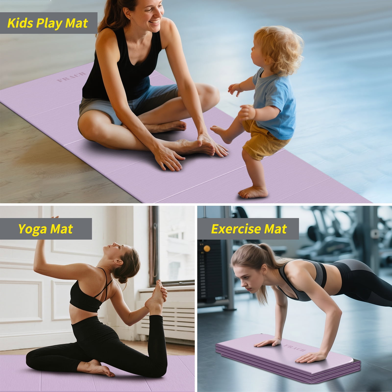 Frach Wide Foldable Yoga Mat Extra Large 75"x32" Fast-Folding & Versatile Use Non-Slip TPE for Workout & Home Gym (Light Purple+Black)
