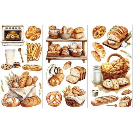 Rub on Transfer Decal Sticker for Furniture Craft Decor 6"x12" Bread Series 3Pcs Waterproof UV DTF Transfer for Kitchen Bakery Shop Glass Porcelain Wood Plastic Window