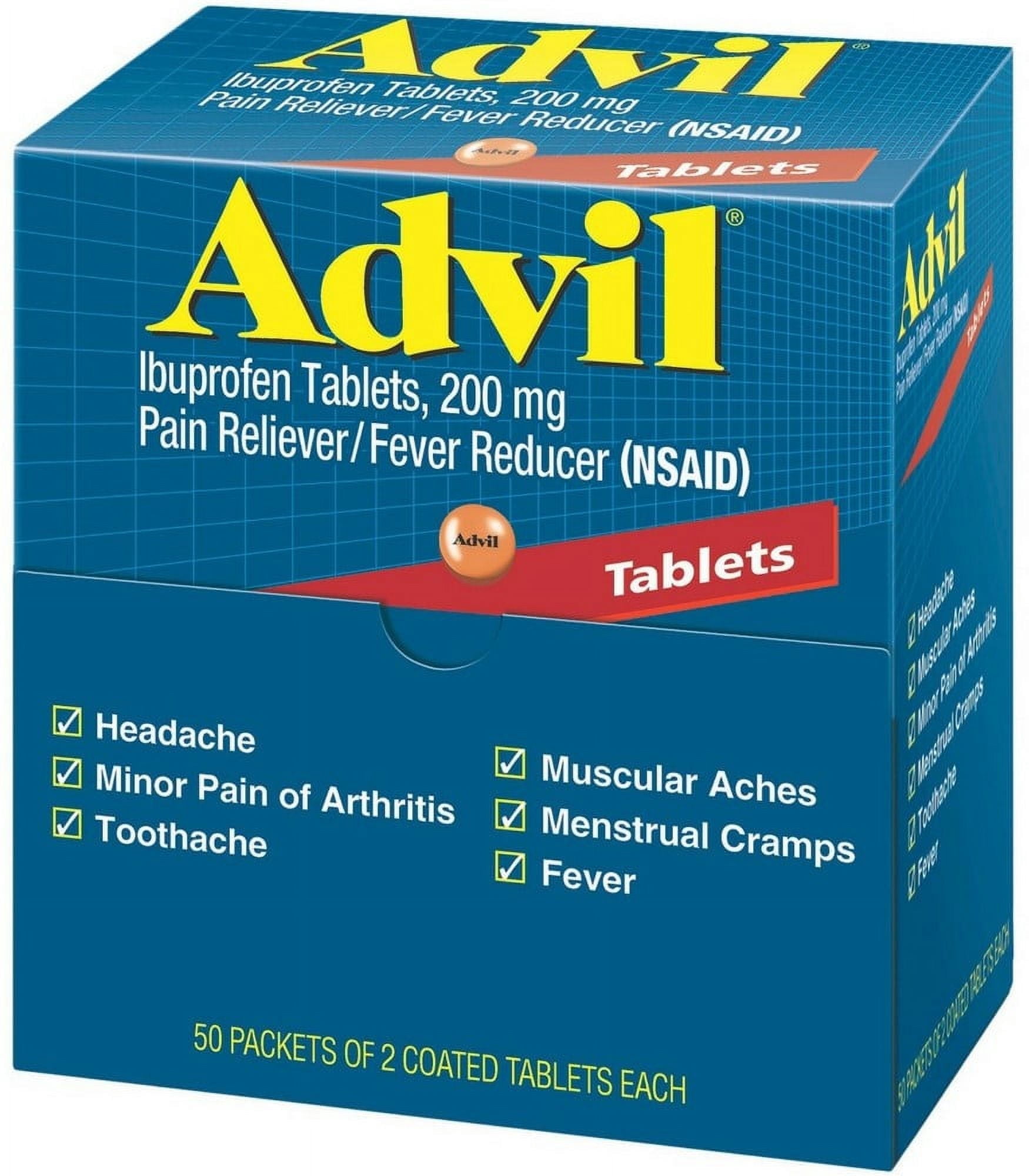 (2 pack) Advil Ibuprofen, 200mg, 50 Packets of 2 Coated Tablets