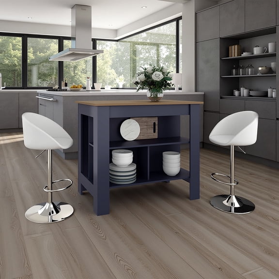 Navy Blue Cala Modern Kitchen Island with 3 Open Shelves & Top Shelf - 40.5"W, Particle Board, Perfect for Dining Room Meal Prep & Organization