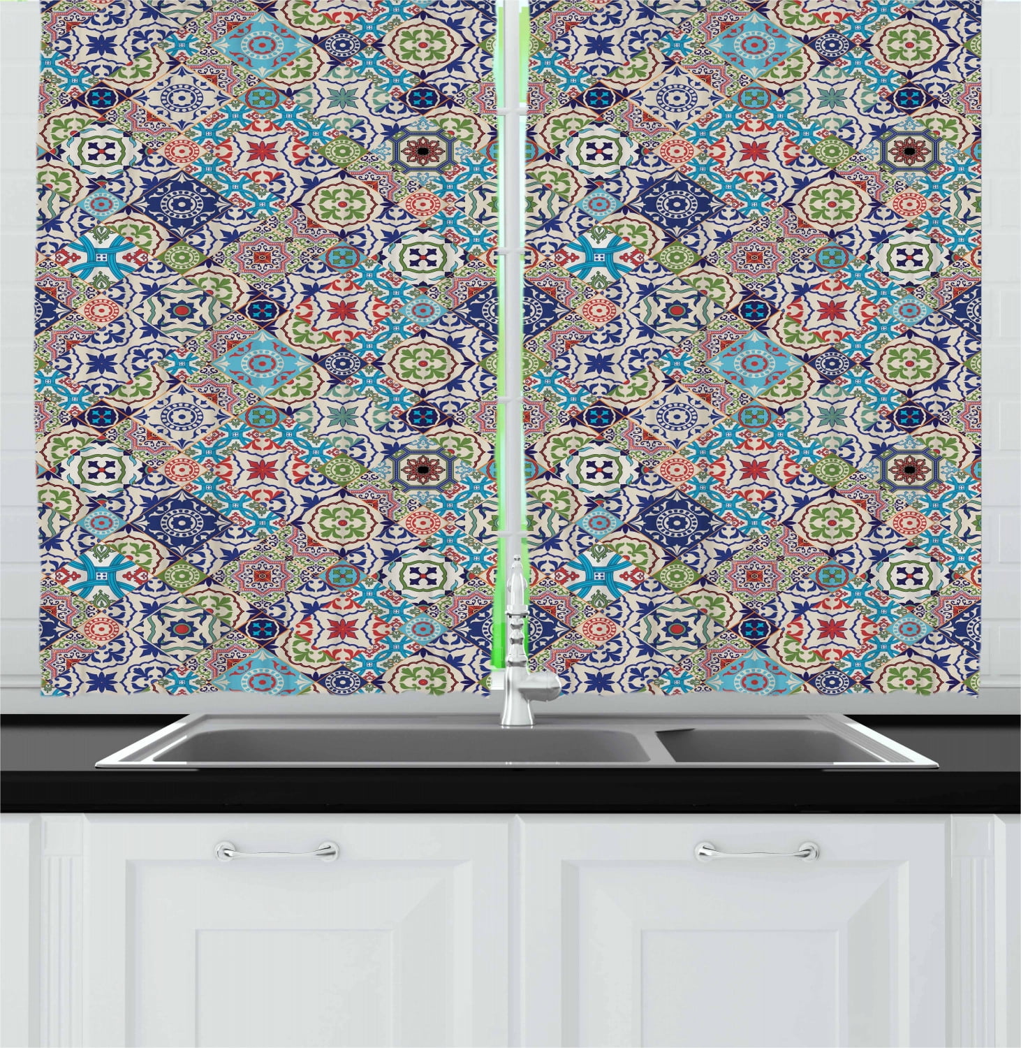 Moroccan Curtains 2 Panels Set, Complex Colorful Set of Moroccan Tile Motifs Antique Floral Ornaments Arabesque, Window Drapes for Living Room Bedroom, 55W X 39L Inches, Multicolor, by Ambesonne