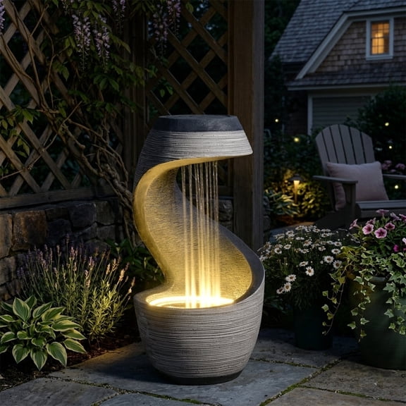 Outdoor Water Fountain 37" Tall S-Curve Floor-Standing Rainfall Fountain Garden Waterfall Feature with LED, Garden Patio Porch Yard Decor, Outdoor Water Feature with Flat Top for Plant, Resin