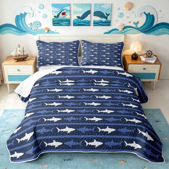 Manfei Coastal Shark Twin Quilt Set, Simple Horizontal Stripe Twin Coverlet Set, Navy White, 2pcs, 1 Bedspread and 1 Pillowcase