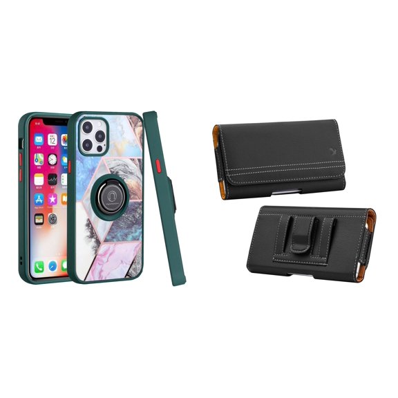 Bemz Ring Series Case for iPhone 14 Pro Max (TPU Silicone Cover with Magnetic Stand) and PU Leather Magnetic Travel Belt Holster Pouch - Green on Galaxy Marble