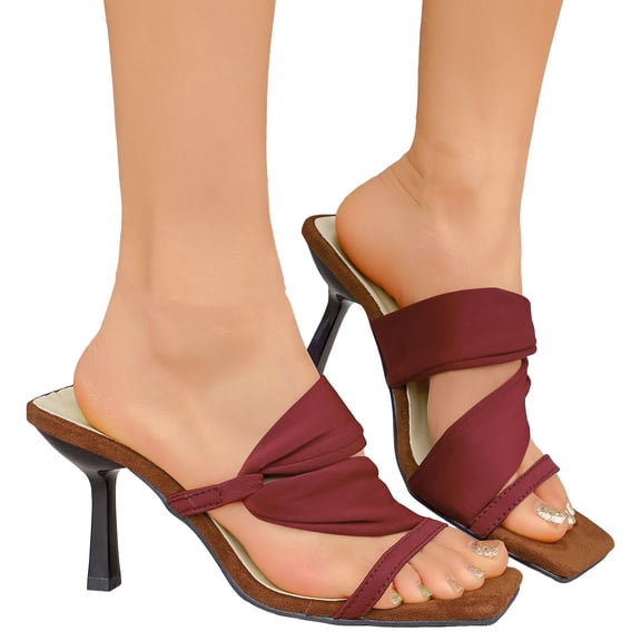 Stiletto Kitten Heels for Women Squared Open Toe Low Heel Slide Sandals Casual Fashionable Strappy Slip on Dress Shoes Red Size 9