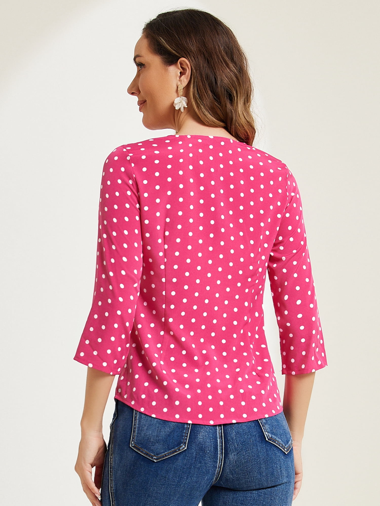 DARING DIVA Women's Polka Dots 3/4 Sleeve Button Blouse Top Medium Hot Pink