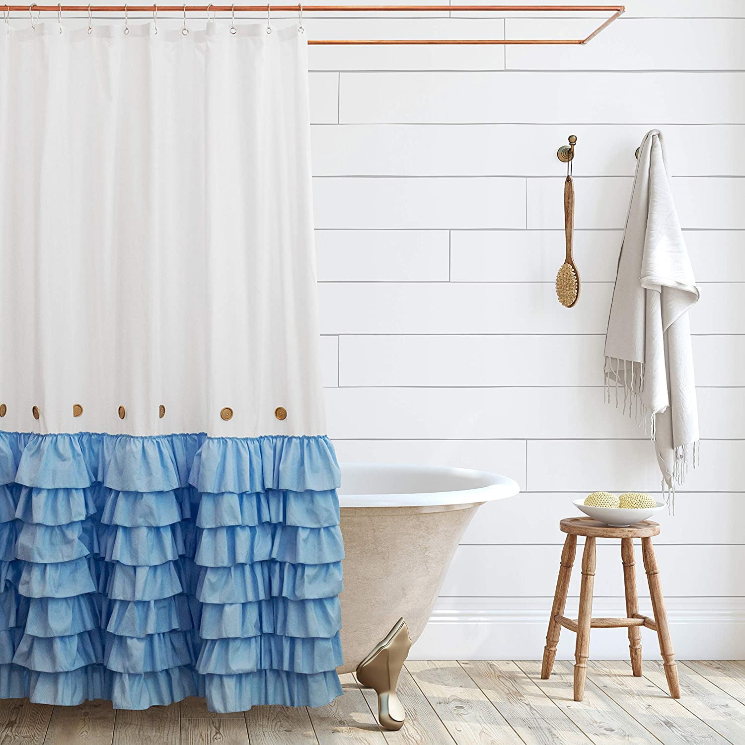 White and Blue Farmhouse Shower Curtain 72 x 72 with Shabby Chic