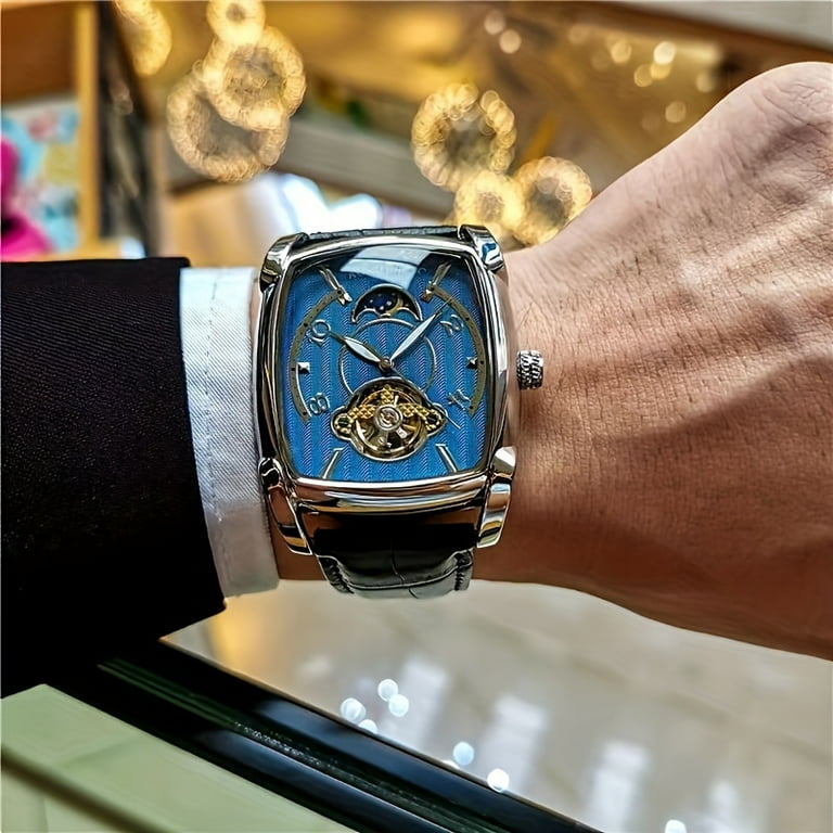 Mens Square Mechanical Watch Sophisticated Business Fashion Dynamic Sports Style Intricate Hollow Flywheel Trendy Design for Gents Walmart