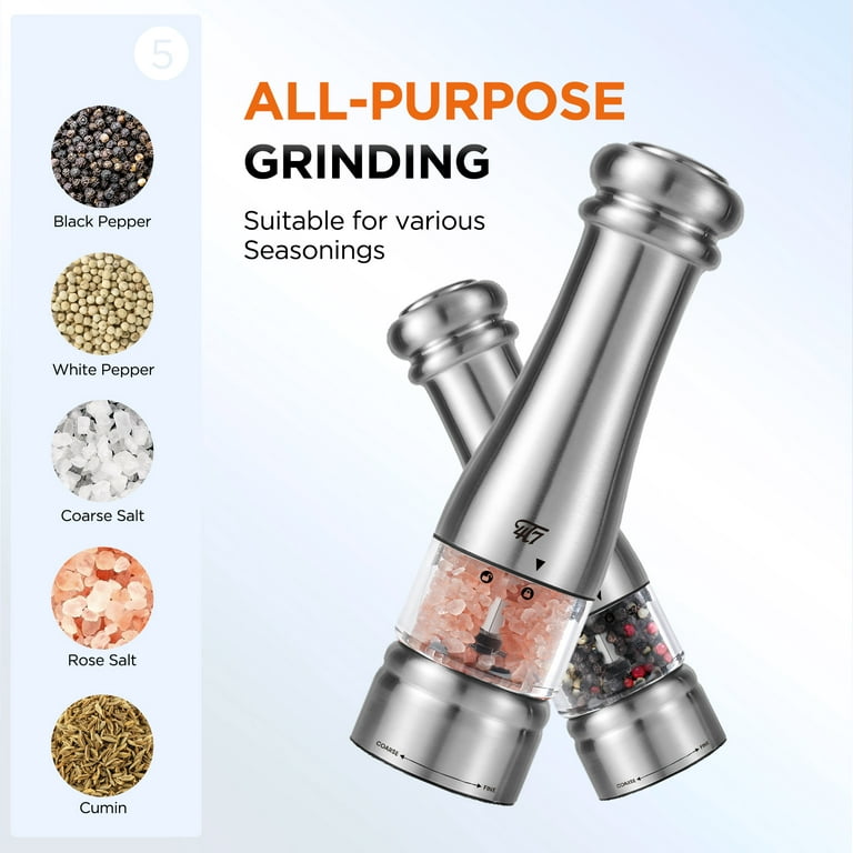 Salt and pepper grinder ,Electric salt and pepper grinder mill with LED  light Electric Salt and Pepper Grinder Battery Powered with Light,  Automatic One Hand Operation Pepper Mill,LED-Illuminated Electric Automatic Pepper  Grinder