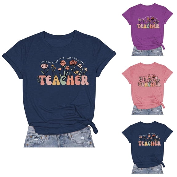 Teacher T Shirts for Women 2026 Summer Casual Short Sleeve Crewneck Flower Graphic Tees