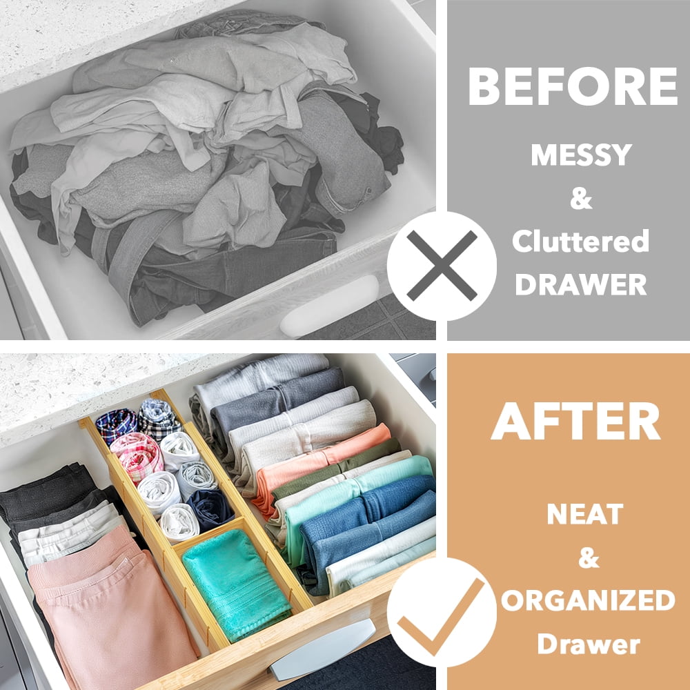 PLUMEBAY Bamboo Drawer Dividers (17–22 in Natural) with Inserts and Labels, Adjustable Expandable Drawer Organizers for Kitchen, Dresser and Office, 4 Dividers