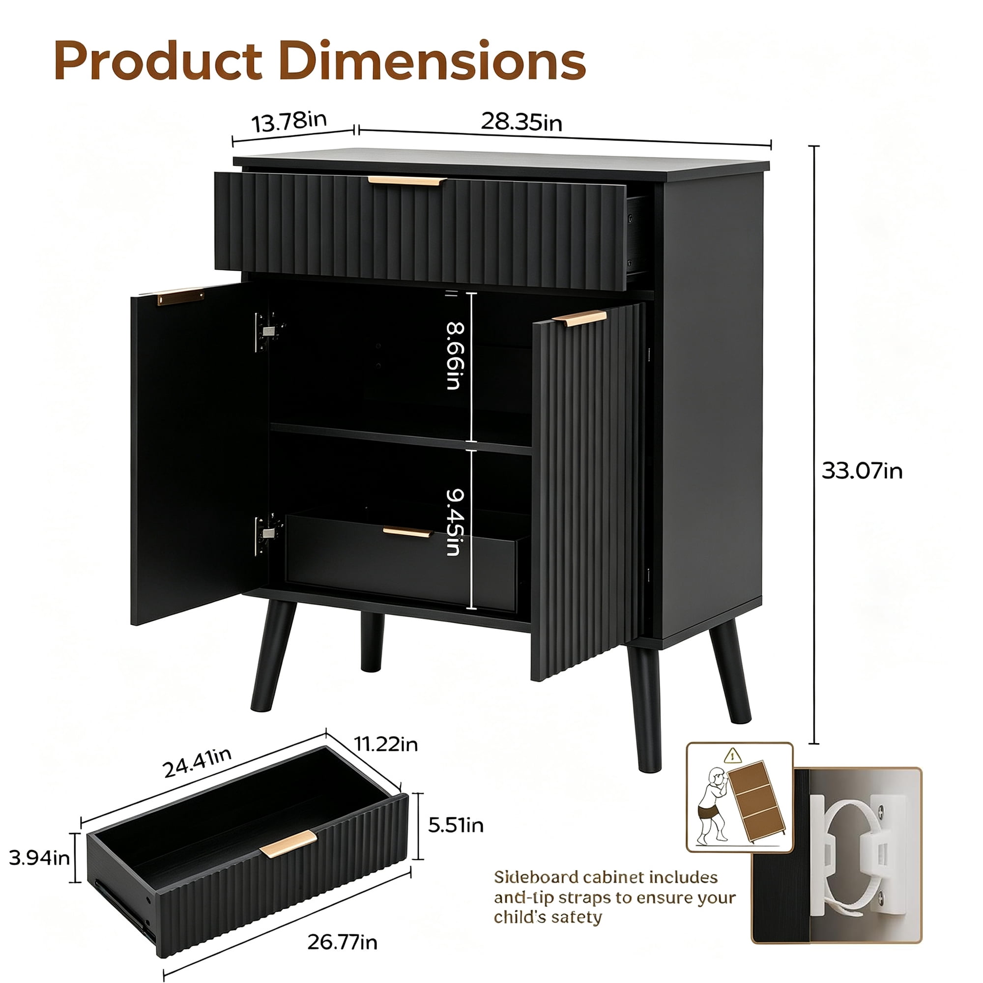 Leumius Kitchen Storage Cabinet with Adjustable Shelves,1 Drawer & 2 Doors,Sideboard Buffet Cabinet with Solid Wood Feet for Living Room, Kitchen, Entryway, Black