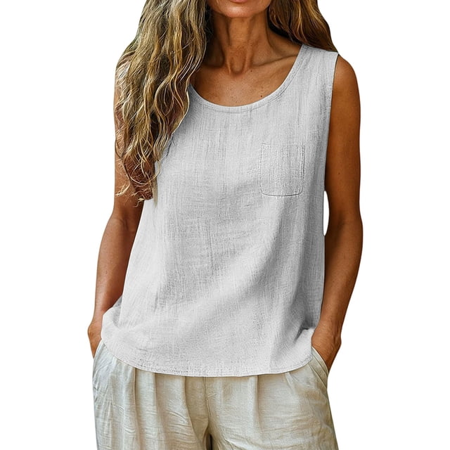 YAZHPA Hauts en Lin pour Femmes, Débardeurs en Coton et Lin pour Femmes, Chemises d'Été Sans Manches Décontractées à Col Rond, Blanc TG