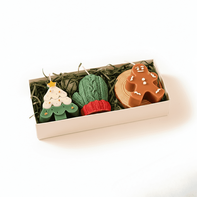 Christmas Candle Set, 3-Piece Decorative Holiday Candles with Gingerbread Man, Christmas Tree and Red Mitten – Festive Décor and Ready-to-Gift Box