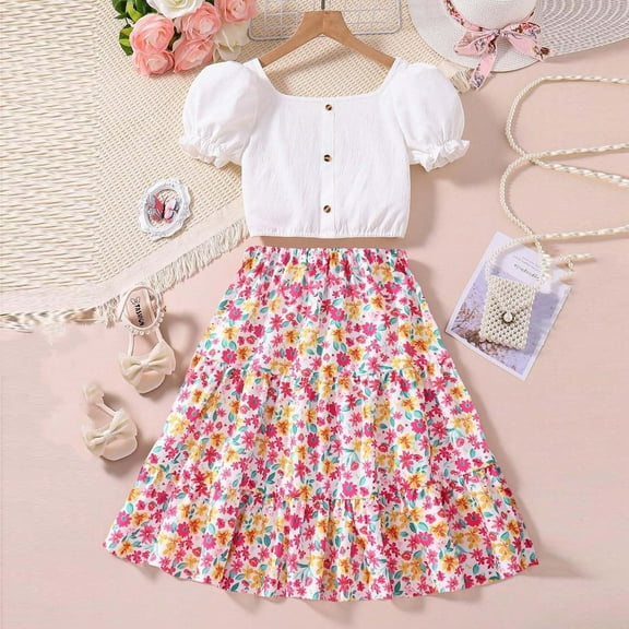 Wancir Fashion Girls' Casual Short Sleeve Tops Round Neck Collar Blouse Top Printed Dress Long Skirts Sets