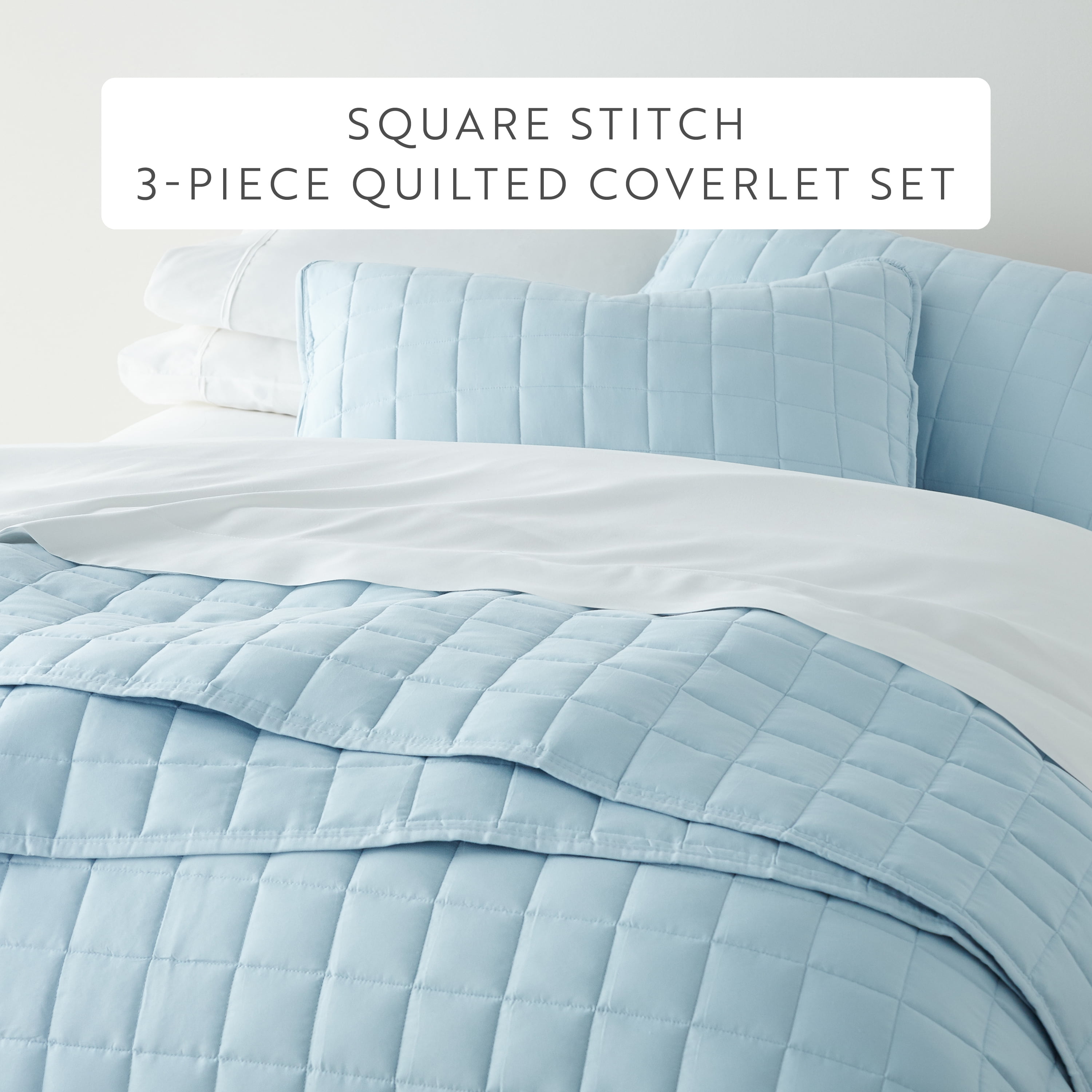 Noble Linens Pale Blue Square Pattern Quilted Coverlet Set, Full/Queen