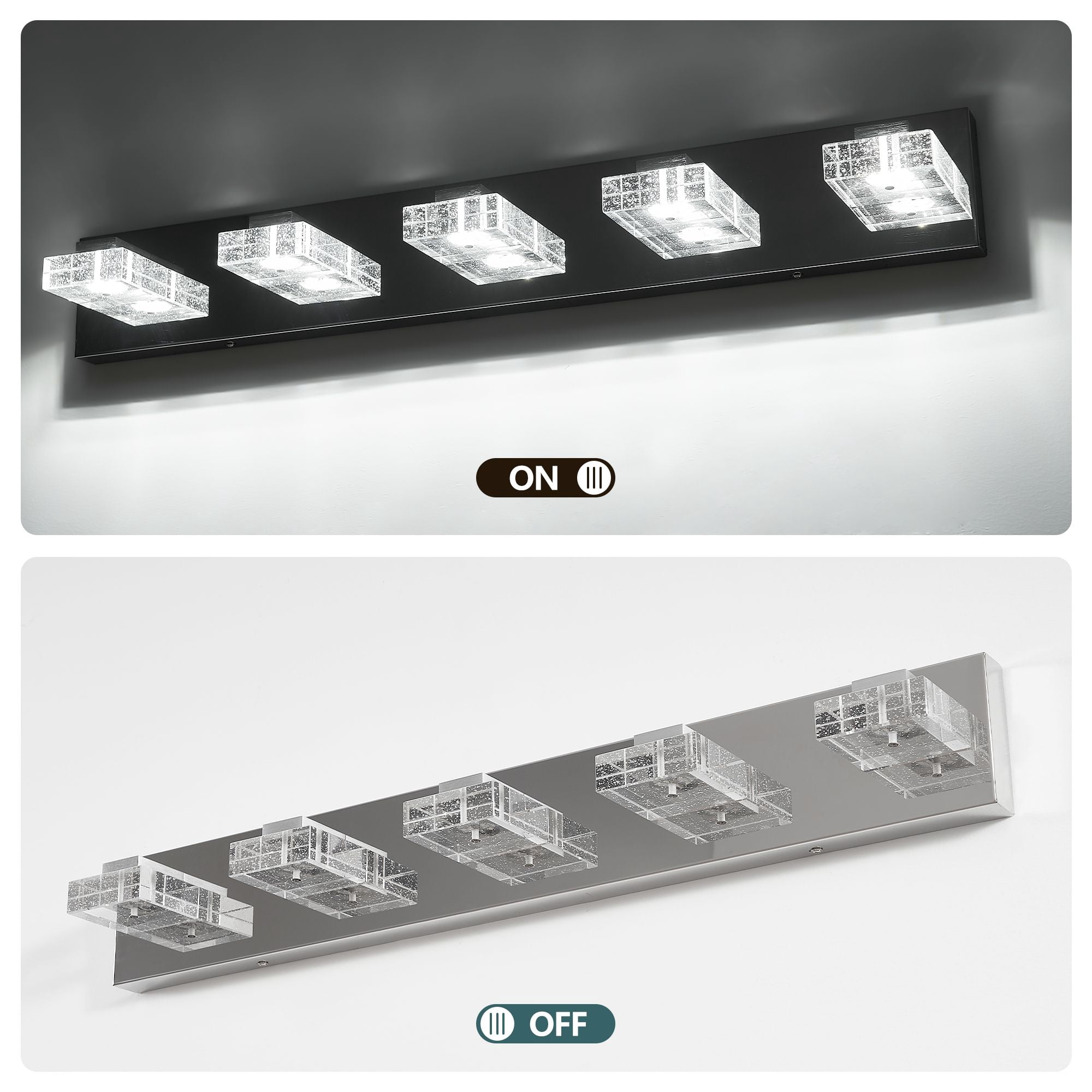 31 Inch Modern Chrome 5-Light LED Vanity Light Fixture, Square Acrylic Shade Wall Mount Bathroom Mirror Lighting, Hardwired