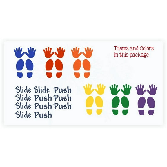 Sensory Path Wall Pushes Slide Foot Hands Vinyl Sticker School Hallway Activity Decals, 2 Blues, Red, Orange, Yellow, Green, Plum