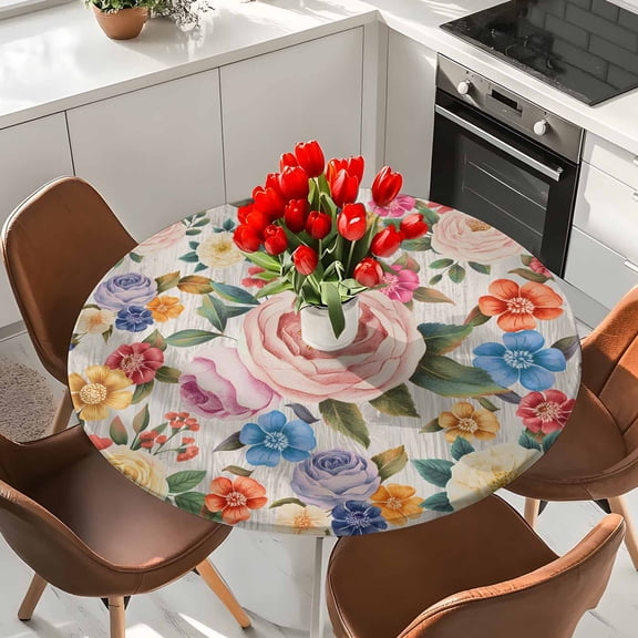 Retro Spring Flowers Elastic Fitted Round Tablecloth Farmhosue Pink Roses Wooden Waterproof Outdoor Table Cover for Holiday Party, Picnic, Patio & Dining Fits Tables Up to 55"-60"