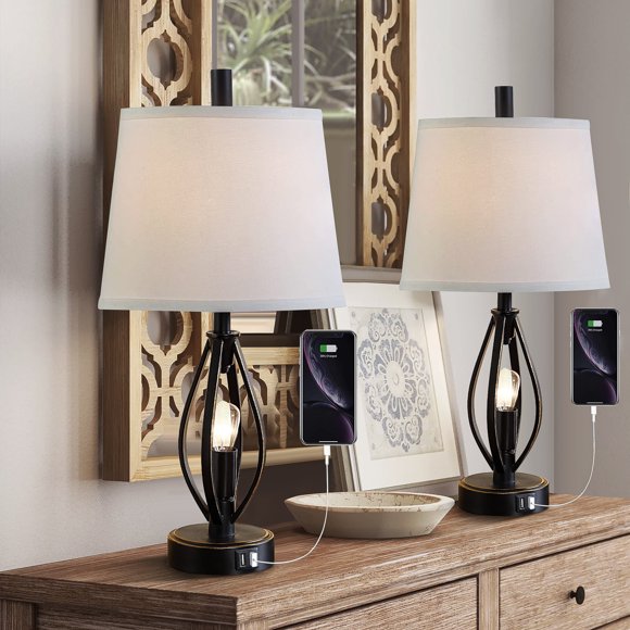 MeyJey Lampe de Table 22 Pouces pour Chambre, Ensemble de 2, Lampe de Chevet Industrielle en Métal, Lampes de Table de Nuit avec Doubles Ports USB, Noir avec Fini Doré